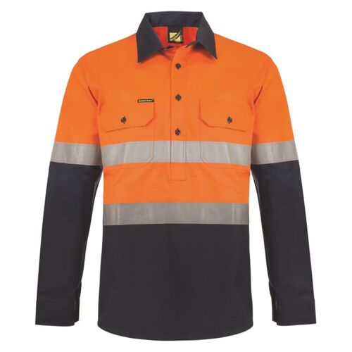 Mens Hi Vis Half Placket Cotton Drill Shirt Semi Gusset Sleeves CSR Reflective Tape Thumbnail